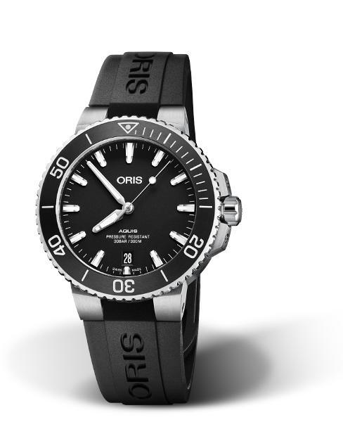 Aquis Date, 39.50 mm, Black, Rubber Strap, Stainless steel screw-in security crown, Multi-piece stainless steel case, ceramic minutes scale top ring