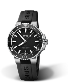 Aquis Date, 39.50 mm, Black, Rubber Strap, Stainless steel screw-in security crown, Multi-piece stainless steel case, ceramic minutes scale top ring