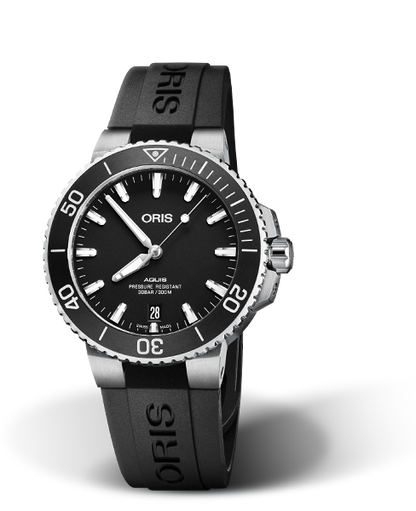 Aquis Date, 39.50 mm, Black, Rubber Strap, Stainless steel screw-in security crown, Multi-piece stainless steel case, ceramic minutes scale top ring