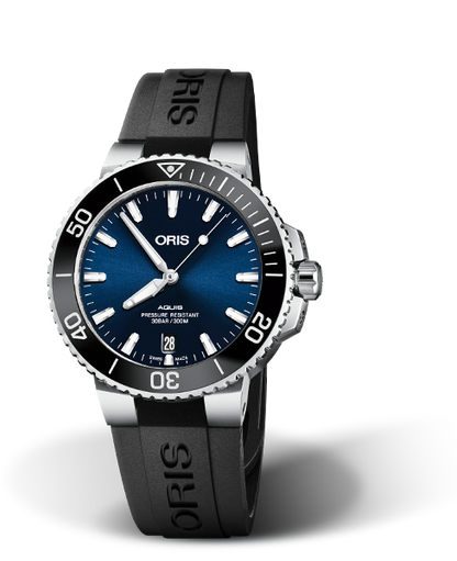 Aquis Date, 39.50 mm, Blue, Rubber Strap, Stainless steel screw-in security crown, Multi-piece stainless steel case, ceramic minutes scale top ring