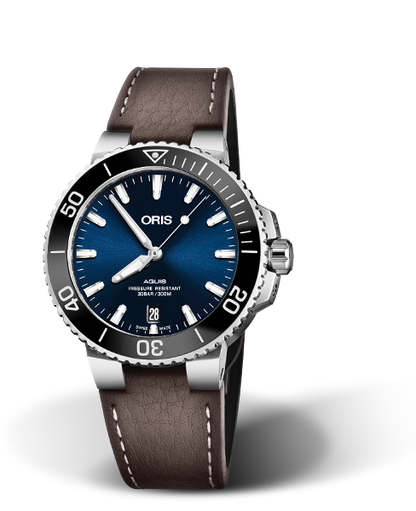 Aquis Date, 39.50 mm, Blue, Leather Strap, Stainless steel screw-in security crown, Multi-piece stainless steel case, ceramic minutes scale top ring