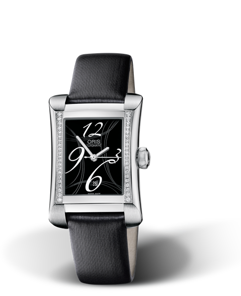 Rectangular Date Diamonds, 25.90 x 37mm, Black, Textile Strap, Stainless steel crown, Multi-piece stainless steel case, set with 42 Top Wesselton G, VVS 2 diamonds (0,148 ct.)