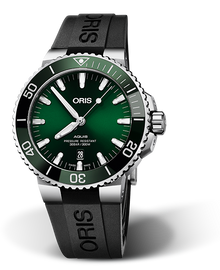 Aquis Date, 43.50 mm, Green, Rubber Strap, Stainless steel screw-in security crown, Multi-piece stainless steel case, ceramic minutes scale top ring