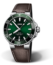 Aquis Date, 43.50 mm, Green, Leather Strap, Stainless steel screw-in security crown, Multi-piece stainless steel case, ceramic minutes scale top ring