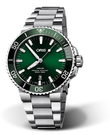Aquis Date, 43.50 mm, Green, Stainless steel Strap, Stainless steel screw-in security crown, Multi-piece stainless steel case, ceramic minutes scale top ring