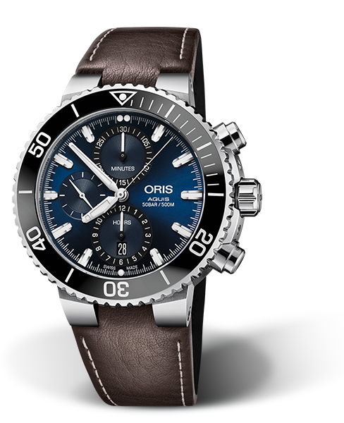 Aquis Chronograph, 45.50 mm, Blue, Leather Strap, Stainless steel screw-in security crown and pushers, Multi-piece stainless steel case, ceramic minutes scale top ring