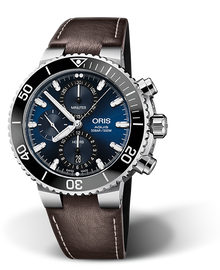 Aquis Chronograph, 45.50 mm, Blue, Leather Strap, Stainless steel screw-in security crown and pushers, Multi-piece stainless steel case, ceramic minutes scale top ring