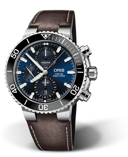 Aquis Chronograph, 45.50 mm, Blue, Leather Strap, Stainless steel screw-in security crown and pushers, Multi-piece stainless steel case, ceramic minutes scale top ring