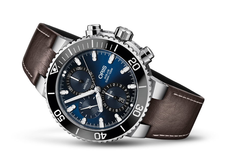 Aquis Chronograph, Blue, Leather Strap