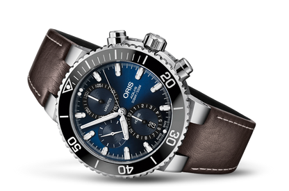 Aquis Chronograph, Blue, Leather Strap