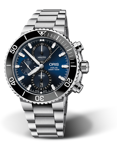 Aquis Chronograph, 45.50 mm, Blue, Stainless steel Strap, Stainless steel screw-in security crown and pushers, Multi-piece stainless steel case, ceramic minutes scale top ring