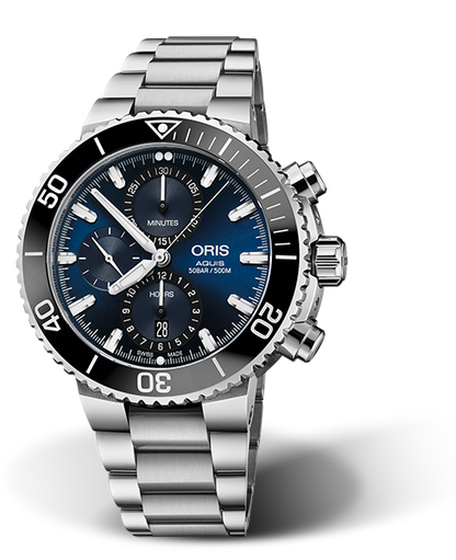 Aquis Chronograph, 45.50 mm, Blue, Stainless steel Strap, Stainless steel screw-in security crown and pushers, Multi-piece stainless steel case, ceramic minutes scale top ring