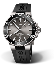 Aquis Titanium Date, 43.50 mm, Grey, Rubber Strap, Stainless steel screw-in security crown, Multi-piece titanium case, ceramic minutes scale top ring