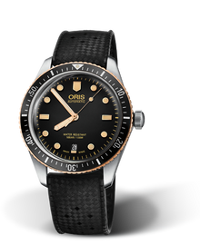 Divers Sixty-Five, 40.00 mm, Black, Rubber Strap, Stainless steel screw-in security crown, Multi-piece stainless steel/bronze case, minutes scale top ring