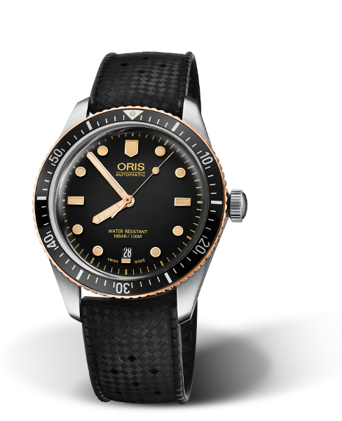 Divers Sixty-Five, 40.00 mm, Black, Rubber Strap, Stainless steel screw-in security crown, Multi-piece stainless steel/bronze case, minutes scale top ring