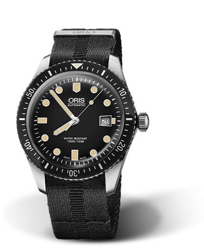 Divers Sixty-Five, 42.00 mm, Black, Textile Strap, Stainless steel screw-in security crown, Multi-piece stainless steel case, minutes scale top ring
