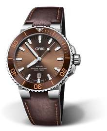 Aquis Date, 43.50 mm, Brown, Leather Strap, Stainless steel screw-in security crown, Multi-piece stainless steel case, ceramic minutes scale top ring