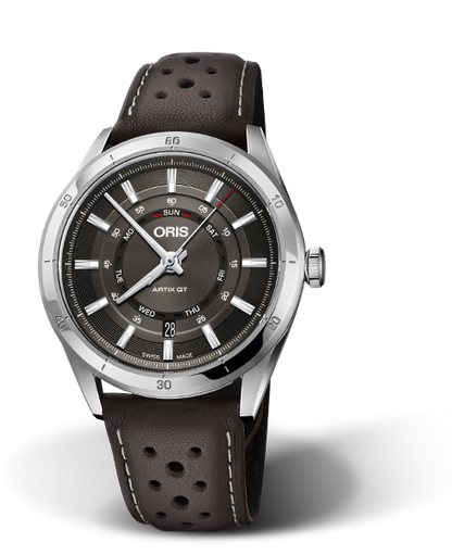 Artix GT Day Date, 42mm, Grey, Leather Strap, Stainless steel screw-in security crown, Multi-piece stainless steel case