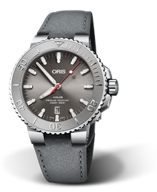 Aquis Date Relief, 43.50 mm, Grey, Leather Strap, Stainless steel screw-in security crown, Multi-piece stainless steel case, minutes scale top ring