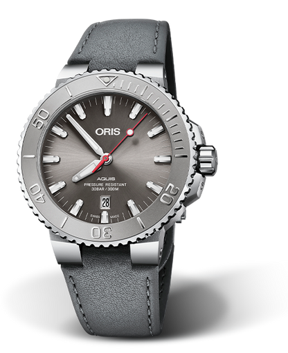 Aquis Date Relief, 43.50 mm, Grey, Leather Strap, Stainless steel screw-in security crown, Multi-piece stainless steel case, minutes scale top ring