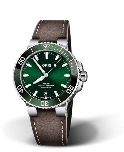 Aquis Date, 39.50 mm, Green, Leather Strap, , Multi-piece stainless steel case, ceramic minutes scale top ring