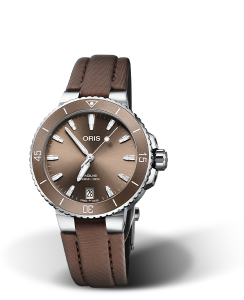 Aquis Date, 36.50 mm, Brown, Textile Strap, Stainless steel screw-in security crown, Multi-piece stainless steel case, Cermet minutes scale top ring
