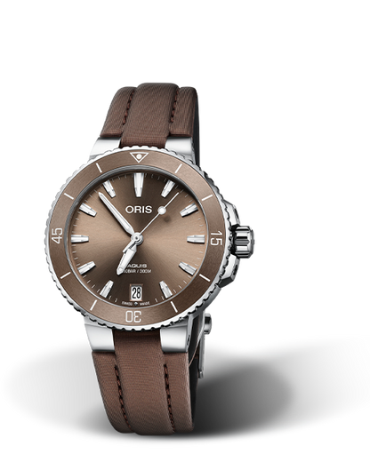 Aquis Date, 36.50 mm, Brown, Textile Strap, Stainless steel screw-in security crown, Multi-piece stainless steel case, Cermet minutes scale top ring