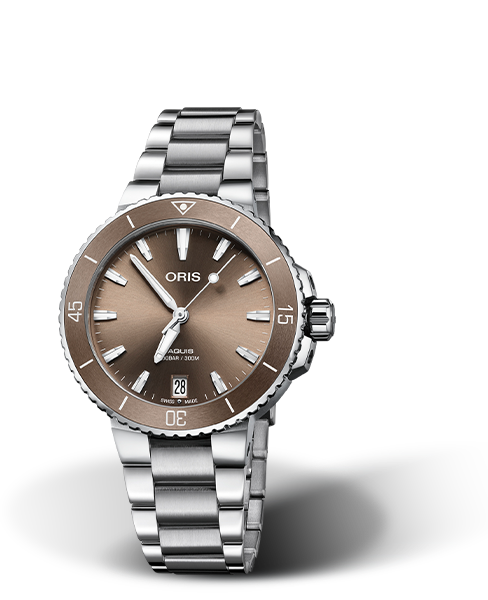 Aquis Date, 36.50 mm, Brown, Stainless steel Strap, Stainless steel screw-in security crown, Multi-piece stainless steel case, Cermet minutes scale top ring
