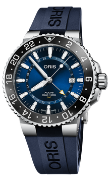 Aquis GMT Date, 43.50 mm, Blue, Rubber Strap, Stainless steel screw-in security crown, Multi-piece stainless steel case, ceramic GMT scale top ring