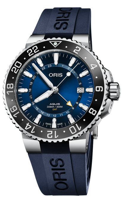 Aquis GMT Date, 43.50 mm, Blue, Rubber Strap, Stainless steel screw-in security crown, Multi-piece stainless steel case, ceramic GMT scale top ring