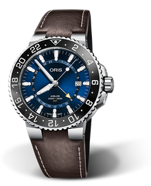 Aquis GMT Date, 43.50 mm, Blue, Leather Strap, Stainless steel screw-in security crown, Multi-piece stainless steel case, ceramic GMT scale top ring