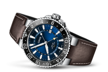 Aquis GMT Date, Blue, Leather Strap