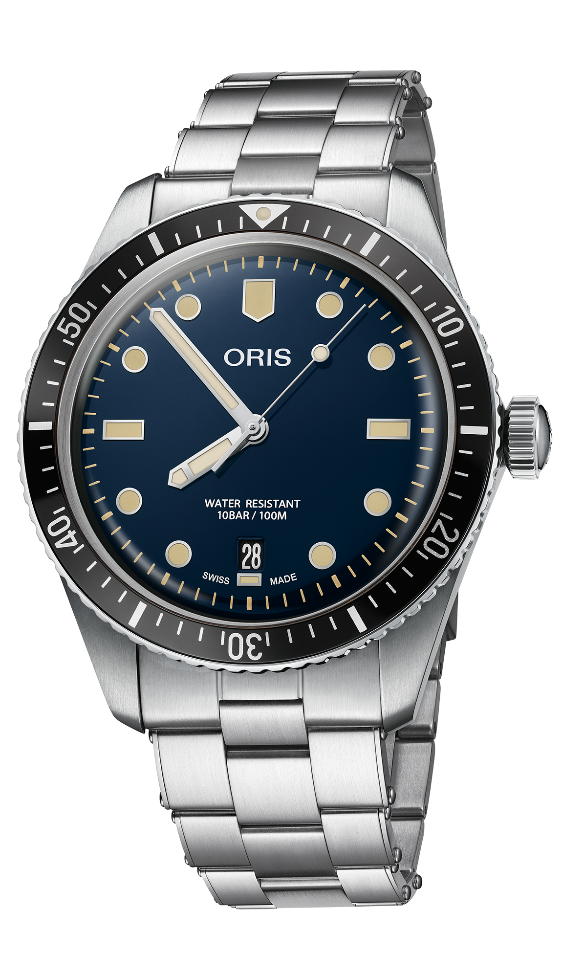 Divers Sixty-Five Date, 40.00 mm, Blue, Stainless steel Strap, Stainless steel screw-in security crown, Multi-piece stainless steel case, minutes scale top ring
