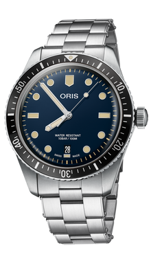 Divers Sixty-Five Date, 40.00 mm, Blue, Stainless steel Strap, Stainless steel screw-in security crown, Multi-piece stainless steel case, minutes scale top ring