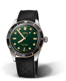 Divers Sixty-Five, 40.00 mm, Green, Rubber Strap, Stainless steel screw-in security crown, Multi-piece stainless steel/bronze case, minutes scale top ring