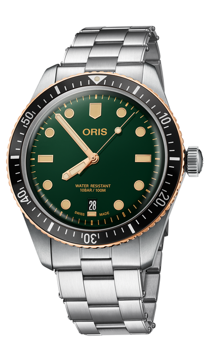 Divers Sixty-Five, 40.00 mm, Green, Stainless steel Strap, Stainless steel screw-in security crown, Multi-piece stainless steel/bronze case, minutes scale top ring