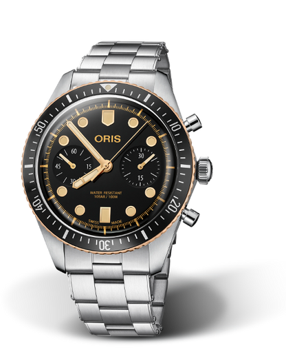 Divers Sixty-Five Chronograph, 43.00 mm, Black, Stainless steel Strap, Stainless steel screw-in security crown and pushers, Multi-piece stainless steel/bronze case, minutes scale top ring