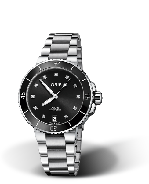 Aquis Date Diamonds, 36.50 mm, Black, Stainless steel Strap, Stainless steel screw-in security crown, Multi-piece stainless steel case, ceramic minutes scale top ring