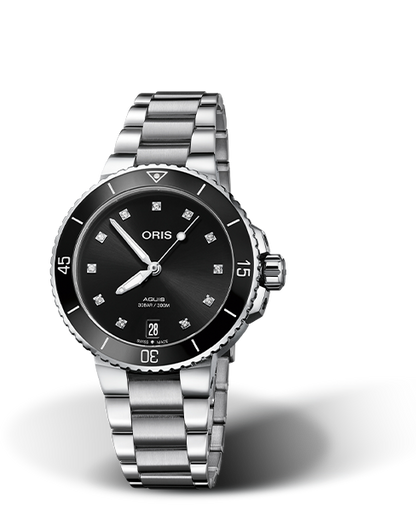 Aquis Date Diamonds, 36.50 mm, Black, Stainless steel Strap, Stainless steel screw-in security crown, Multi-piece stainless steel case, ceramic minutes scale top ring