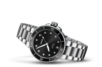 Aquis Date Diamonds, Black, Stainless steel Strap