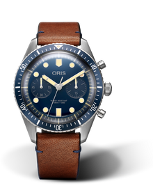 Divers Sixty-Five Chronograph Bucherer Blue Editions, 43.00 mm, Blue, Leather Strap, Stainless steel screw-in security crown and pushers, Multi-piece stainless steel case, minutes scale top ring