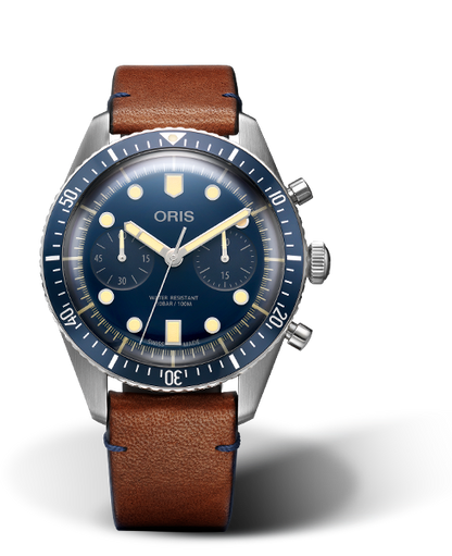 Divers Sixty-Five Chronograph Bucherer Blue Editions, 43.00 mm, Blue, Leather Strap, Stainless steel screw-in security crown and pushers, Multi-piece stainless steel case, minutes scale top ring