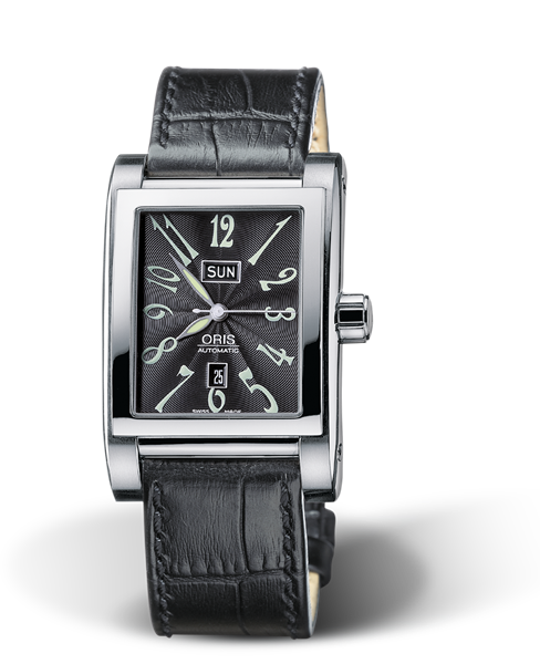 Rectangular Day Date, 30.00 x 44mm, Black, Leather Strap, Stainless steel crown, Multi-piece stainless steel case