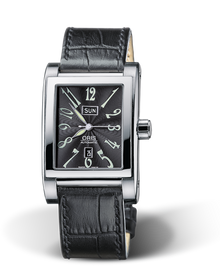 Rectangular Day Date, 30.00 x 44mm, Black, Leather Strap, Stainless steel crown, Multi-piece stainless steel case