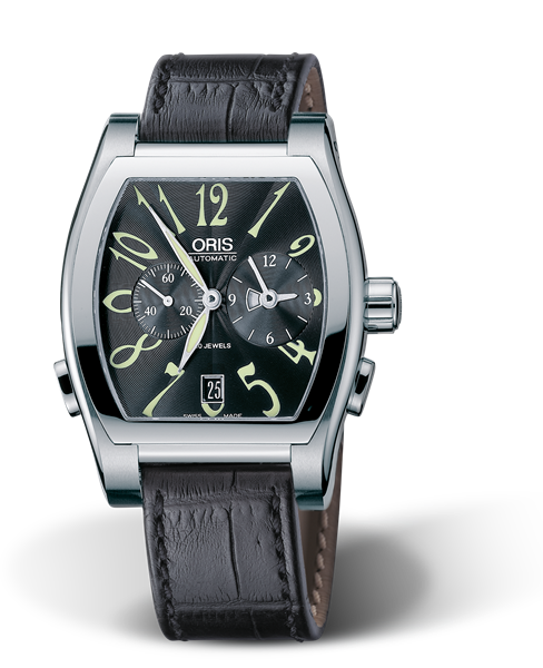 Tonneau Worldtimer, 38.50 x 48.30 mm, Black, Leather Strap, Stainless steel crown and pushers, Multi-piece stainless steel case
