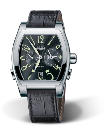 Tonneau Worldtimer, 38.50 x 48.30 mm, Black, Leather Strap, Stainless steel crown and pushers, Multi-piece stainless steel case