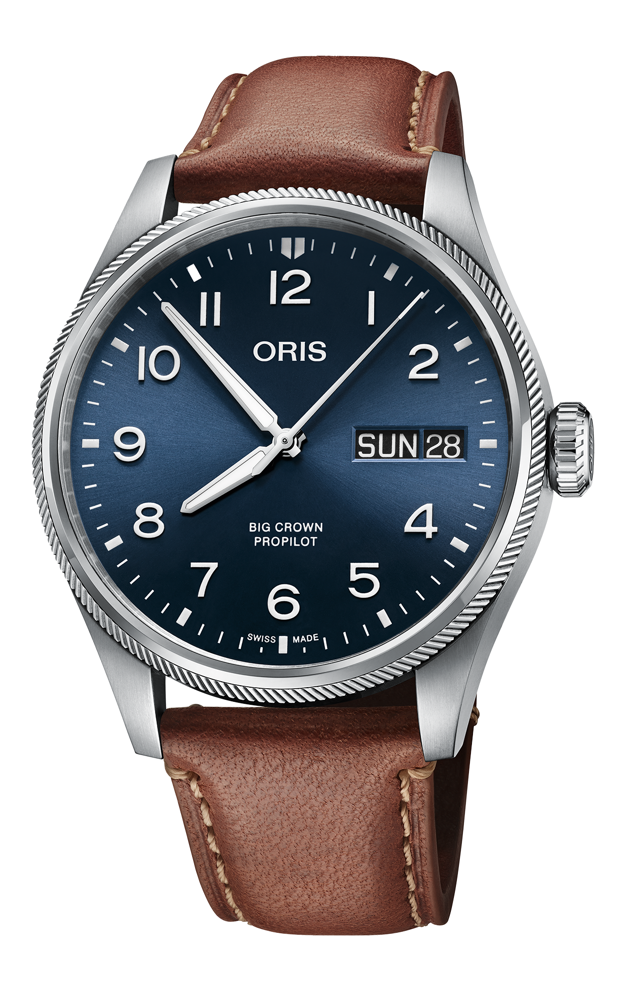 Big Crown ProPilot Big Day Date, 44mm, Blue, Leather Strap, Stainless steel screw-in security crown, Multi-piece stainless steel case