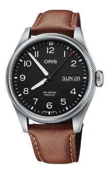 Big Crown ProPilot Big Day Date, 44mm, Black, Leather Strap, Stainless steel screw-in security crown, Multi-piece stainless steel case
