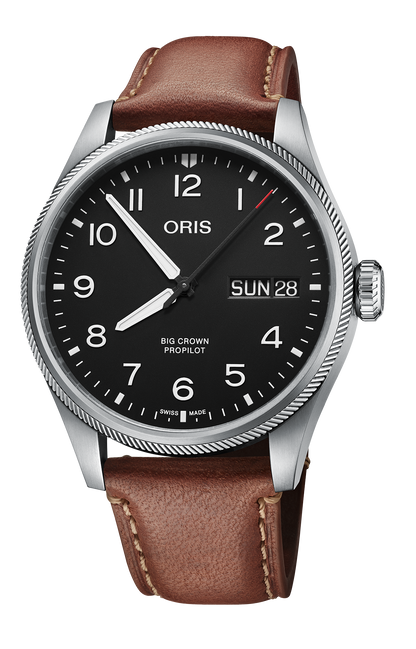 Big Crown ProPilot Big Day Date, 44mm, Black, Leather Strap, Stainless steel screw-in security crown, Multi-piece stainless steel case