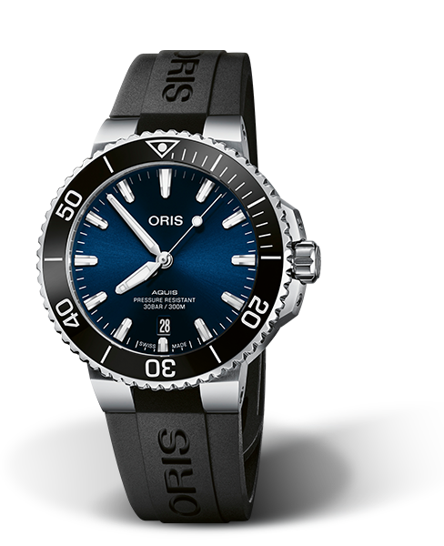 Aquis Date, 41.50 mm, Blue, Rubber Strap, Stainless steel screw-in security crown, Multi-piece stainless steel case, ceramic minutes scale top ring